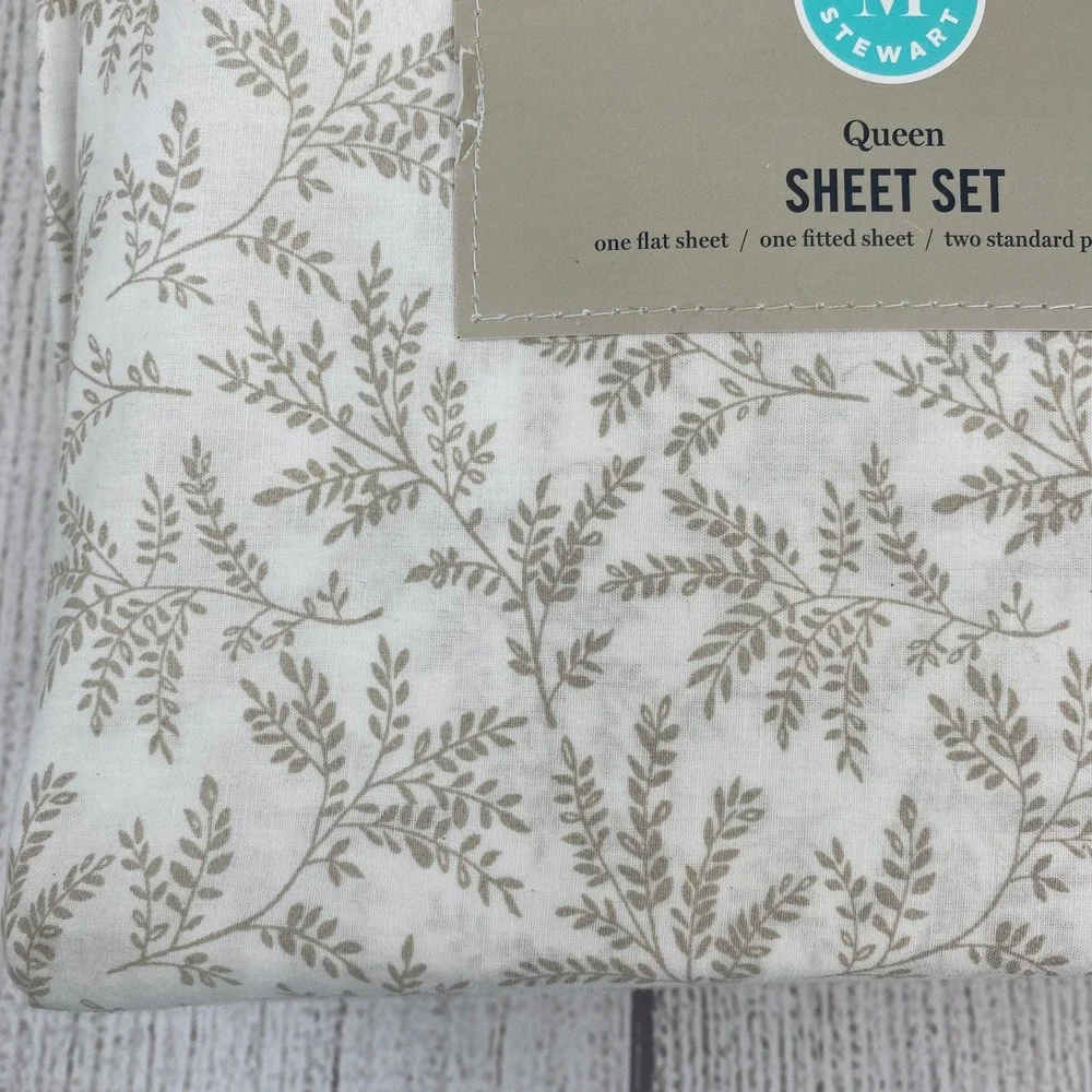 Martha Stewart Sheet Set Queen Sandcastle Tan White Cotton Botanical Vine 4pc